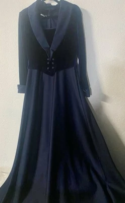Vtg Tadashi Maxi Dress Gown Blue Velvet Satin Tuxedo Long Sleeves Formal Sz 10 - Image 1 of 4