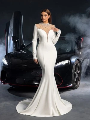 Elegant Pearl Embellished Mock Neck Long Sleeves Mermaid Hem Wedding Dress - Image 1 of 2