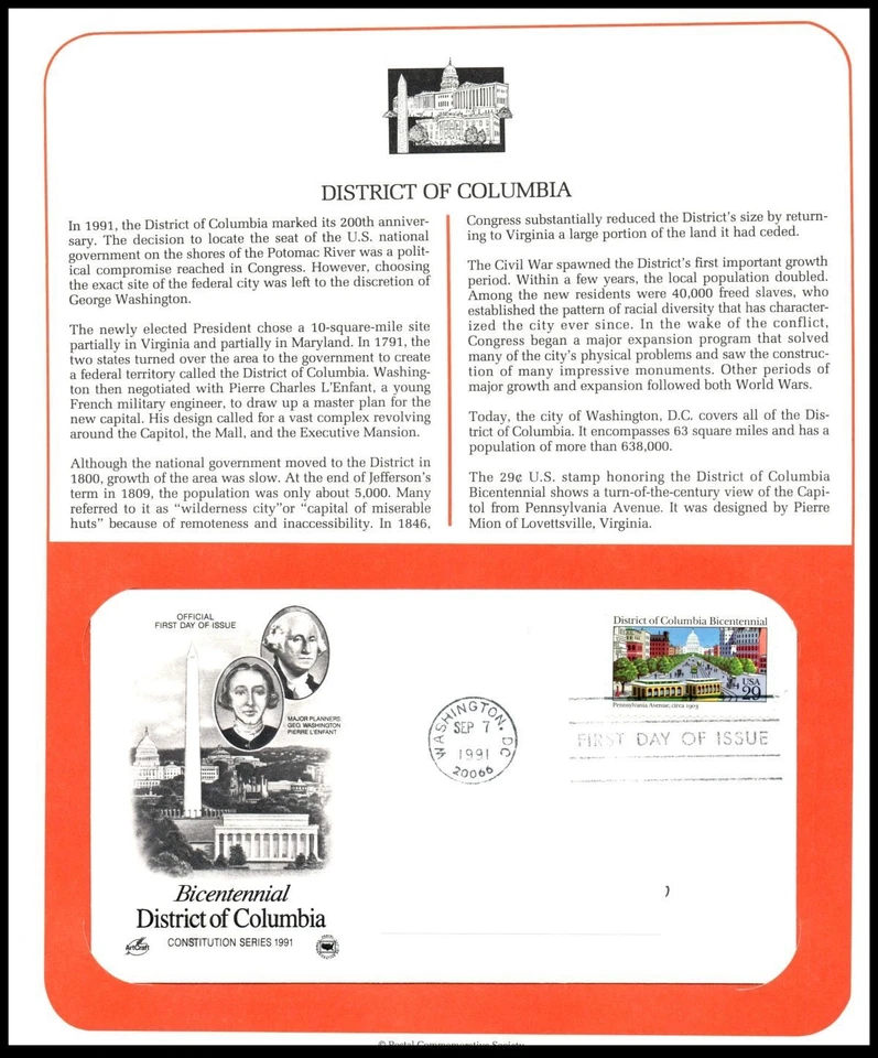 1991 District of Columbia Sc 2561 FDC PCS panel, bicentennial capital monument - Image 1 of 1