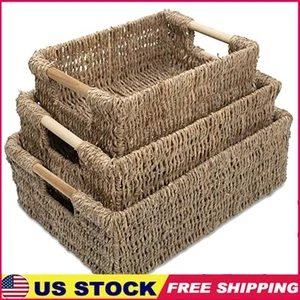 Seagrass Storage Baskets Set of 3 Natural Wicker Organizers W/ Handles Kitchen - Picture 1 of 7