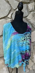 Top Mesmerize piccolo multicolore stampa acquerello maniche divise cravatta davanti CE - Foto 1 di 11