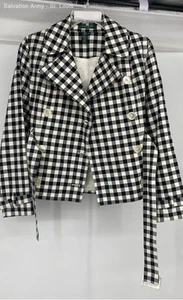 Lauren Ralph Lauren Womens White Black Gingham Long Sleeve Pea Coat Size PS - Picture 1 of 6