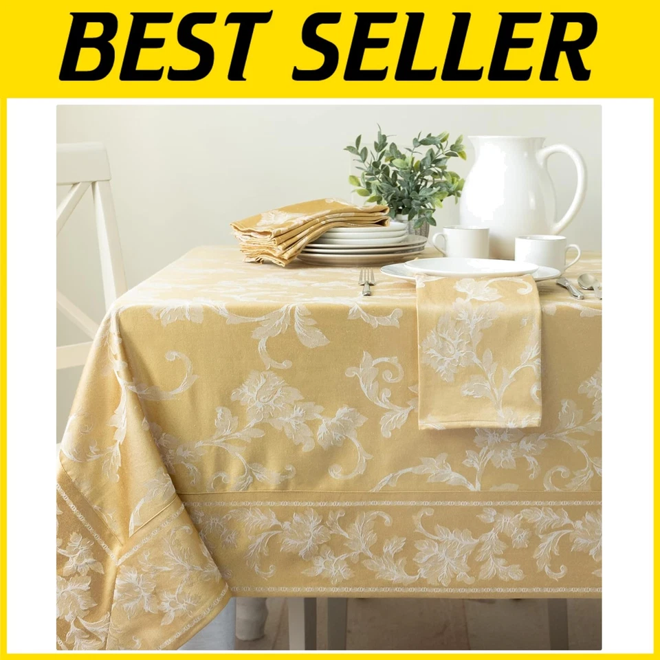 Elegant Gold Damask Fabric Tablecloth 60x144 Rectangular - Image 1 of 4