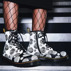 Dr. Martens Kids 1460 Polka Dot Lace Up Boots – Black/White, Big Kid US 6 - Picture 1 of 7