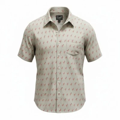 Camisa masculina retrô estampa flamingo manga curta com botões - Tamanho M - Imagem 1 de 4