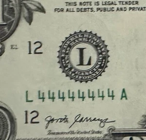 💎💎💎L 44444444A 1 $ Solide Seriennummer. Massiver 4’s Federal Reserve Schein. - Bild 1 von 5