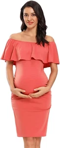 Women'S Maternity Dress off Shoulder Ruffle Sleeveless Bodycon Dress for Baby Sh - Picture 1 of 12