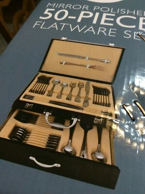 餐具套装 50 件套 服务 适用于 8 不锈钢 精美餐饮 木盒 棕色 全新 — 第 1/3 张图片