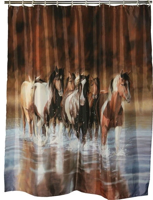 Colorful Running Horses "Rush Hour" Shower Curtain w/ 12 Shower Rings 70 x 72"  - Image 1 of 1