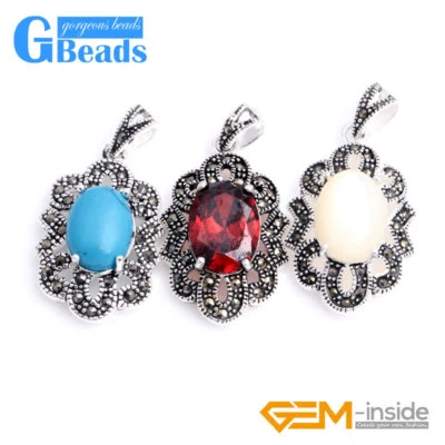 链式椭圆形珠 Marcasite 藏银吊坠 + 项链 18x34 毫米小饰品 — 第 1/4 张图片