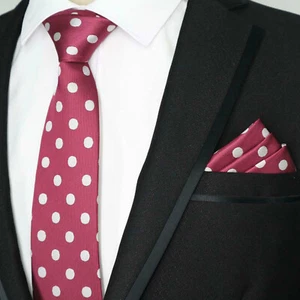 Corbata Bolsillo Cuadrado Set Rojo Granate Plata Lunares Hombre Hecho Boda - Imagen 1 de 5