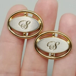 Vintage S Monogram Cufflinks Initial Letter Oval Bullet Back Gold Tone - Picture 1 of 9