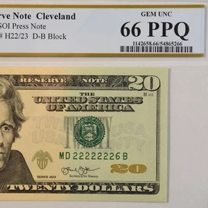$20 Fancy Serial Note 7 In A Row Near Solid Series 2013 PCGS 66PPQ - MD22222226B - Picture 1 of 4