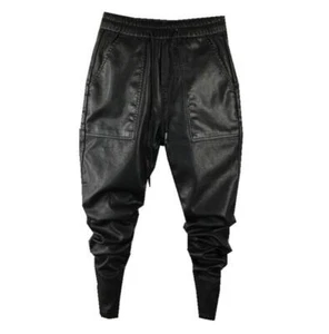 Pantalones informales de entrepierna caída de carpinteros harén de cuero sintético de motociclista para hombre talla - Imagen 1 de 10
