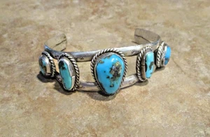 LARGE SIZE !! MEN Vintage Navajo Sterling Silver FIVE TURQUOISE Design Bracelet - Picture 1 of 16