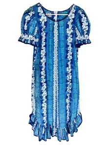 Vintage RM Made in Hawaii langes Maxi MuuMuu Kleid S blau weiß Hibiskus Rüschen - Bild 1 von 6