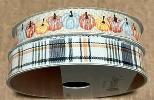 TWO rolls of Fall Ribbon Blue orange Plaid & Pumpkins 5/8"X25 Ft  Celebrate It - Picture 1 of 3