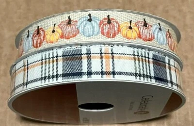 TWO rolls of Fall Ribbon Blue orange Plaid & Pumpkins 5/8"X25 Ft  Celebrate It - Image 1 of 3