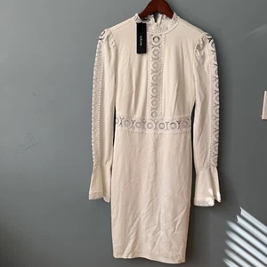 Bebe High Neck Lace Midi Long Sleeve Dress in Ivory. NWT Size Small - Picture 1 of 16