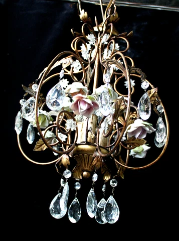 Vintage French porcelain flowers glass crystal drops floral chandelier lamp Cover