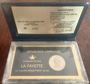 7,000 TOTAL MINTAGE RARE FRANCE PALLADIUM COIN 100 FRANC LA FAYETTE - Picture 1 of 10