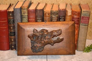 Antik Deutsch Schwarzwald geschnitztes Holz Wildschwein Kopf Maß Plakette - Bild 1 von 6