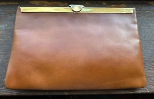 Vintage NWT Brown Etra genuine leather evening clutch bag gold tone chain clasp - Picture 1 of 9