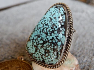 Ladies Adjustable Black Web Turquoise Silver Ring Navajo Lorenzo James Size 9 - Picture 1 of 6