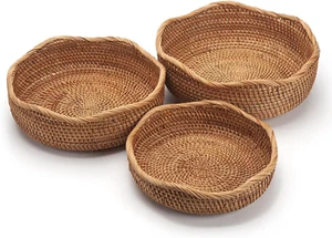 Rattan Bread Baskets round Woven Fruit Bowls Key Holders Stackable for Storage, - Picture 1 of 12