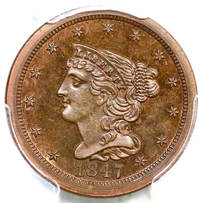 1847 Restrike R-5 PCGS PR 65 RB CAC Braided Hair Half Cent Coin 1/2c - Image 1 of 3