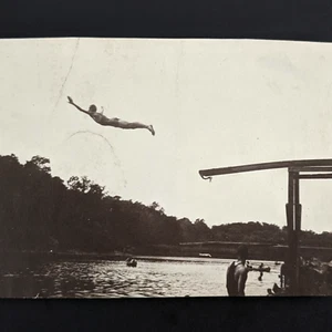 Antique Photo Man Diving Off Board Into Lake Flying High Swimming Diver Snapshot - Picture 1 of 4