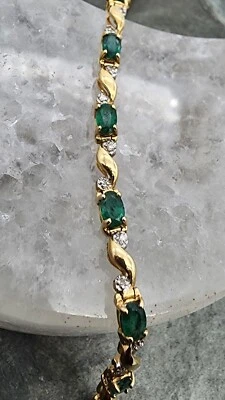 14k .585 Gold 13 Oval Natural Emeralds & Diamonds Leer Tennis Bracelet Au 2437 - Image 1 of 4