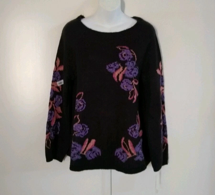 Style&co Medium Womens Pullover Sweater Black Floral Long Sleeve Scoop Neck