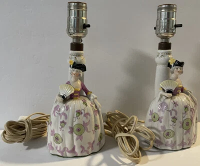 2 VTG German? Porcelain Figural Woman with Fan Boudoir Table Lamps Tested Works! - Image 1 of 4