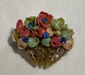 Vintage Tiny 1” Floral Shell & Rhinestone Collar Pin Brooch Pink & Blue - Picture 1 of 5