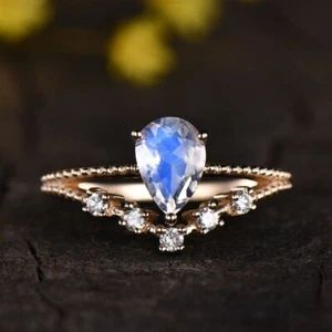 Engagement Band Gemstone Ring 14k Rose Gold Moonstone Diamond Gemstone Jewelry - Picture 1 of 7