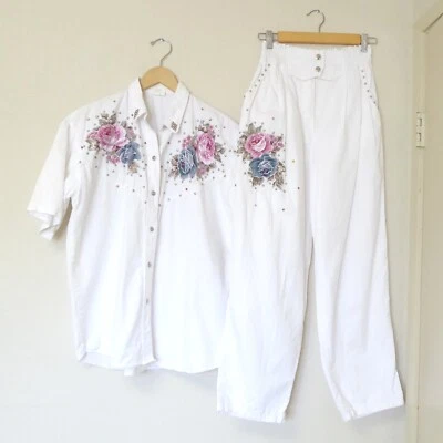 Conjunto de mezclilla blanco aplique tachonado floral brillo años 90 vintage para mujer talla grande Foto 1 de 4