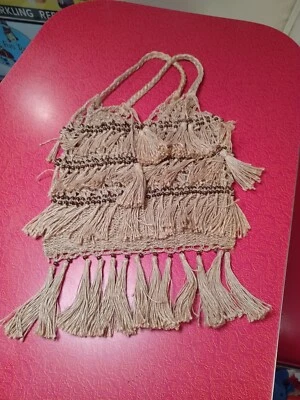 Bolsa de mão boho hippie juta madeira miçangas bolsa tote franja borlas bolsa de ombro  - Imagem 1 de 4