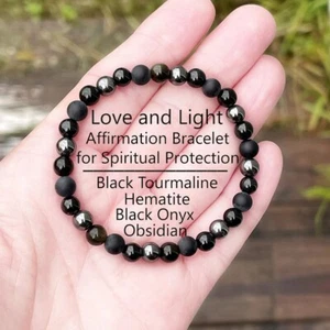 Triple Protection Black Onyx Tourmaline Obsidian Hematite Beads Healing Bracelet - Picture 1 of 4