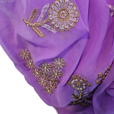 India Bollywood Saris Material Gasa Panel Dorado Bordado Púrpura 16 pies x 42" Foto 1 de 4