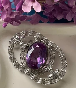 Broche de plata esterlina .925 Sorrento gema amatista 9 g joyería fina prendedor ovalado de colección - Imagen 1 de 24