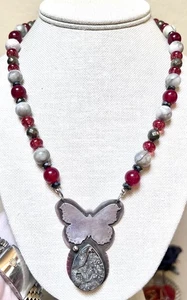 GORGEOUS Sterling Silver Red Tourmaline, Silver Pyrite Butterfly Necklace - Picture 1 of 16