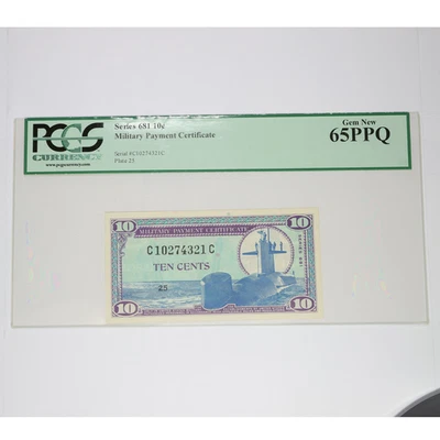 PCGS Gem UNC 65 PPQ - 10c Military Payment Certificate Series 681 MPC #57220F - Image 1 of 2