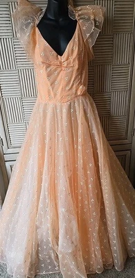 Maxi Vestido De Colección Años 80 Flocado Transparente Gasa Baile de graduación Noche Manga Acampanada Volantes  Foto 1 de 4