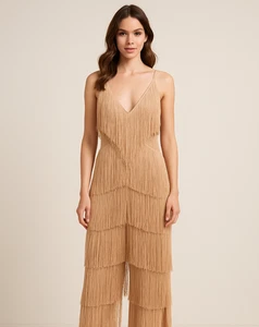 MESHKI TAN STRAPPY V-NECK TASSLE JUMPSUITE SIZE S - Picture 1 of 8