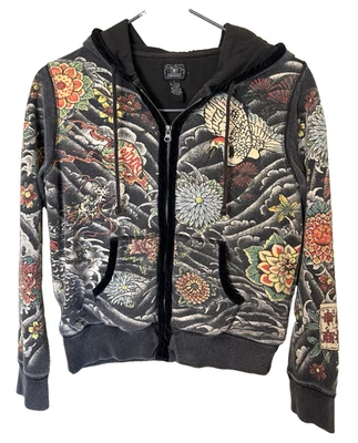 Moletom com capuz vintage Y2K Lucky Brand Tokyo tatuagem zíper completo dragão asiático forrado grosso tamanho G - Imagem 1 de 4