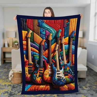 Colorful Guitar Lovers Fleece Blanket, Cozy Music Themed Throw for Guitar Fans - Image 1 of 4