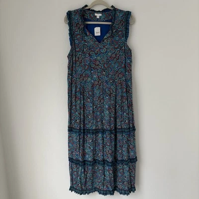 Новый J. Jill платье женщин большой королевский синий цветочный пейсли ярусный Midi карманы богемное - Изображение 1 из 4