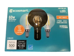 NEW EcoSmart 3-pk 60W LED Bulb G16.5 Globe Clear Soft White Candelabra - Picture 1 of 3