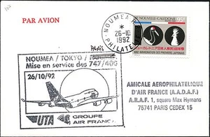 1ER VOL FIRST FLIGHT AIR FRANCE NOUVELLE CALEDONIE NOUMEA TOKYO JAPON 1992 - Imagen 1 de 1
